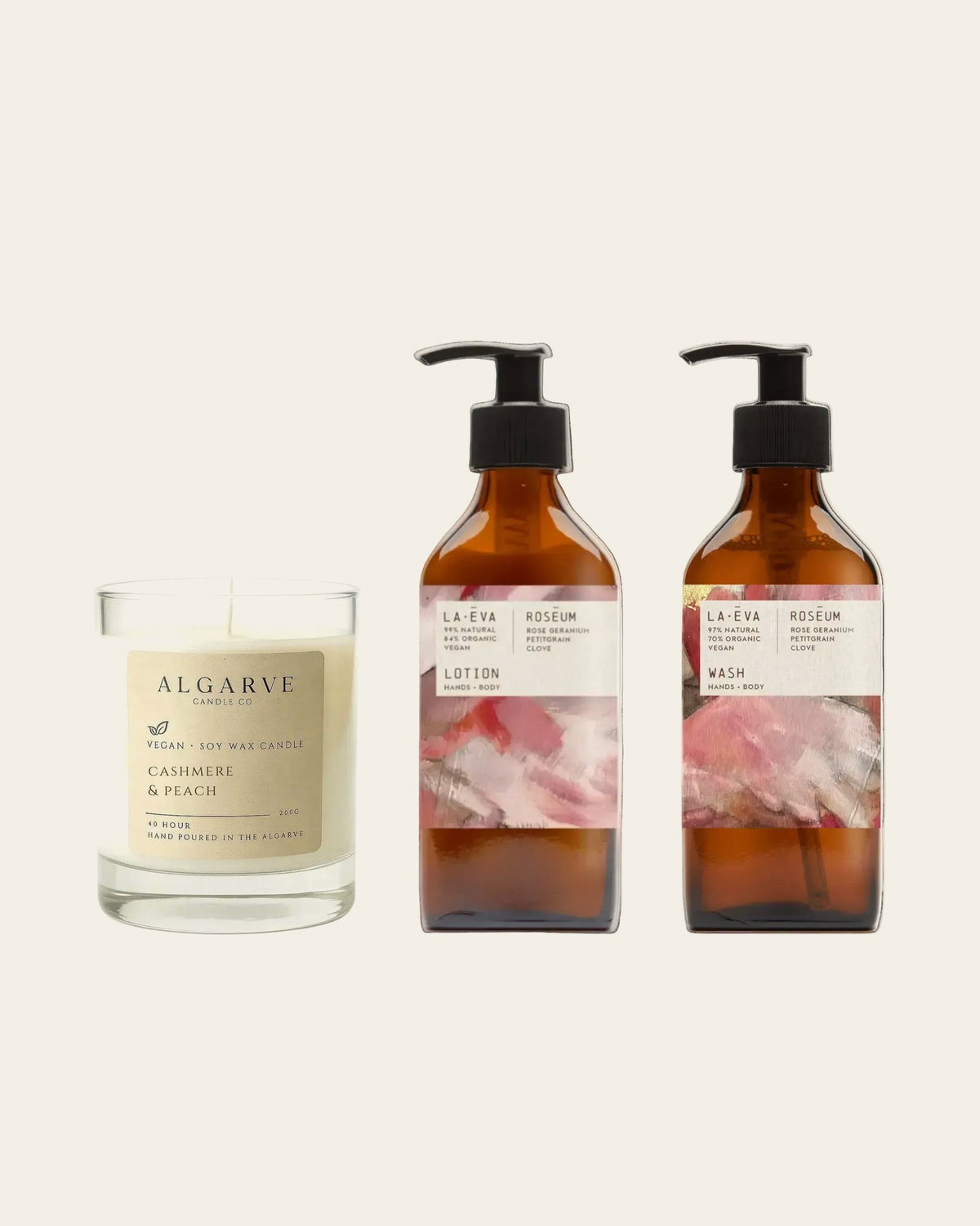 Duftkerze Cashmere and Peach mit La Eva Roseum Lotion und Wash
